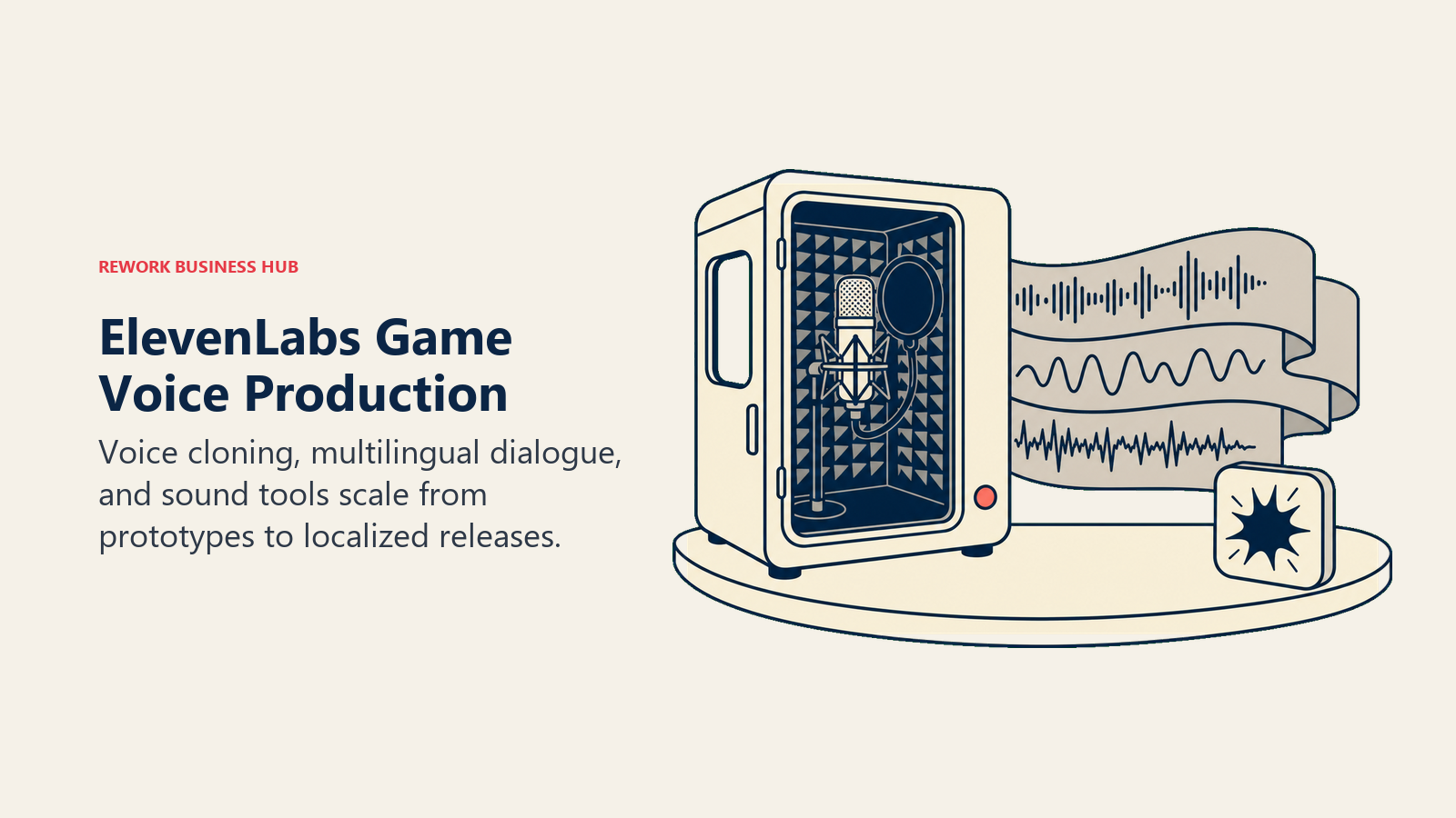 ElevenLabs game voice production shown by a studio reel, multilingual waveform, and sound-effect token