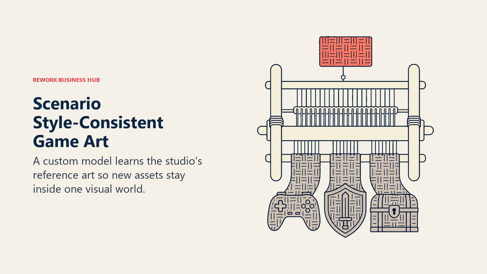 Scenario style-consistent game art shown as one reference swatch guiding a loom of matching assets
