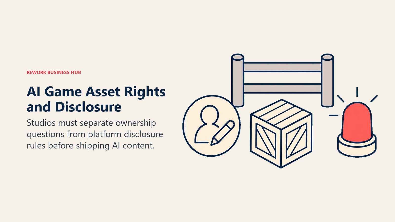 AI game asset rights and disclosure shown by a game asset crate, authorship seal, and platform disclosure beacon