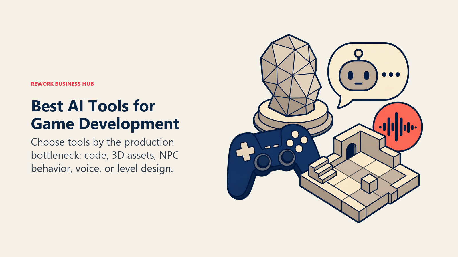 Best AI tools for game development shown as a studio workbench with code, 3D asset, NPC dialogue, voice, and level design elements