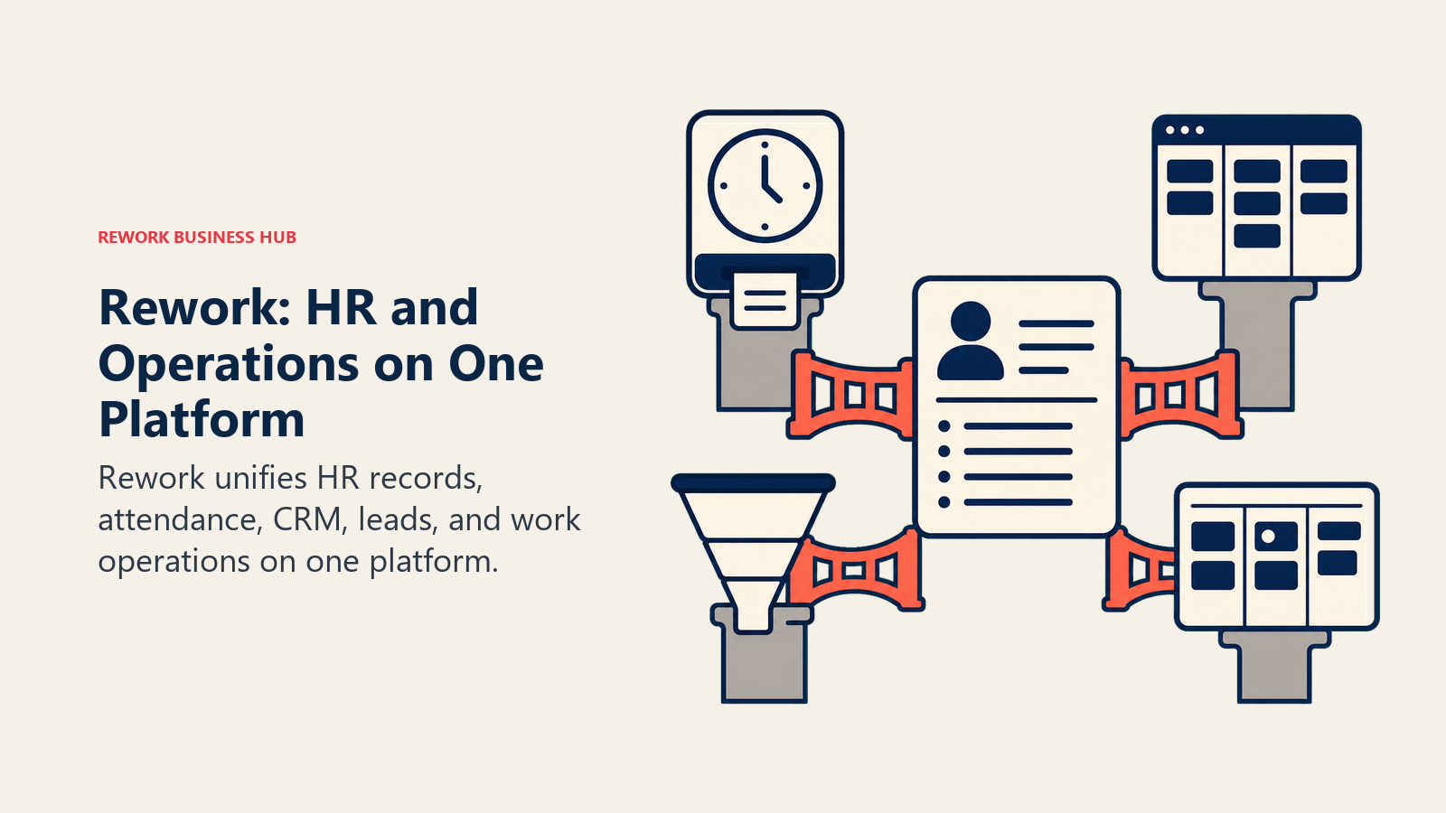Rework unified HR, attendance, CRM, lead, and work operations platform