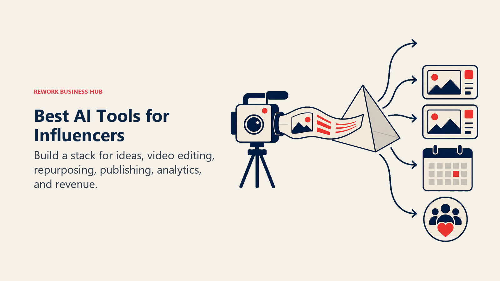 Best AI tools for influencers shown as a camera turning one idea into clips, a publishing calendar, and audience value