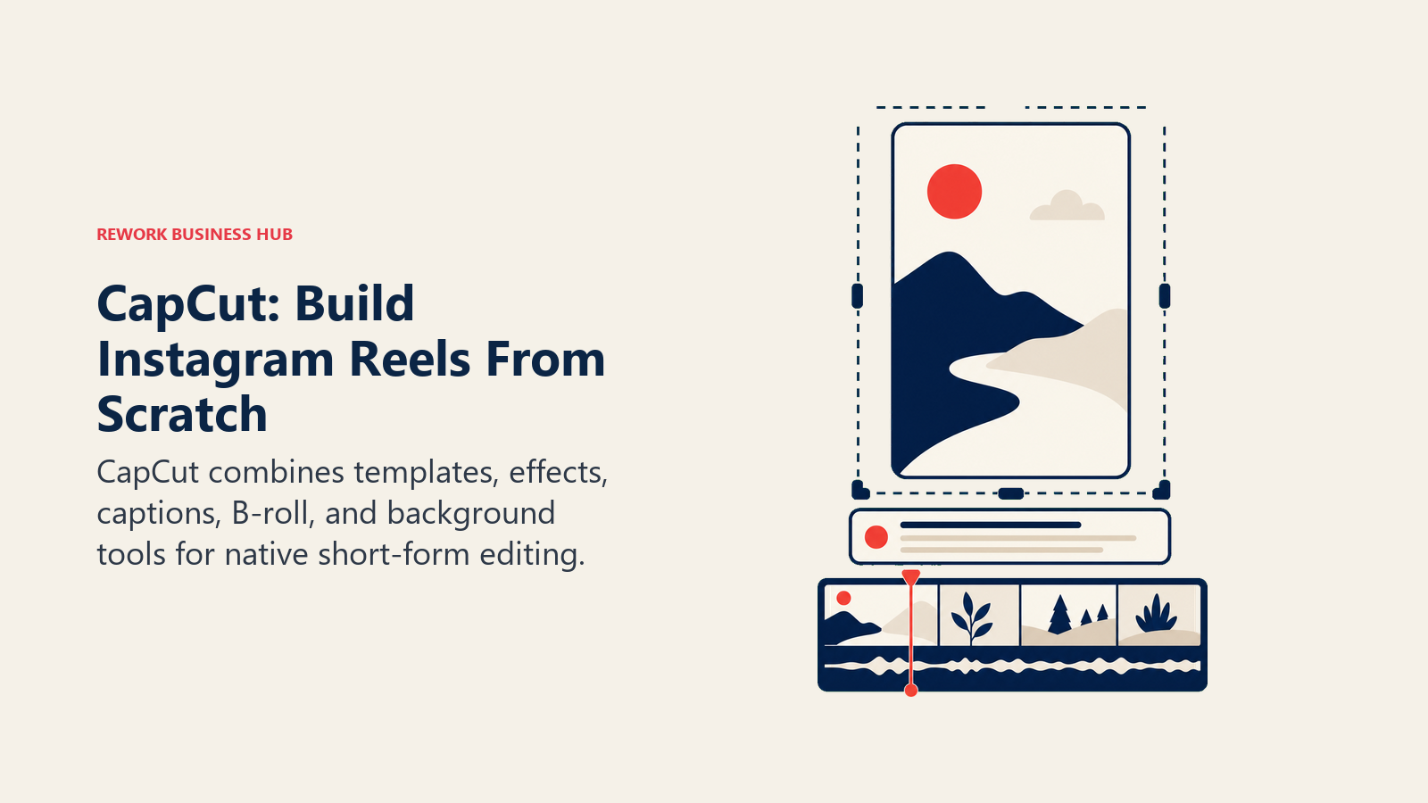 CapCut: Build Instagram Reels From Scratch illustrated with vertical edit timeline with creative tools