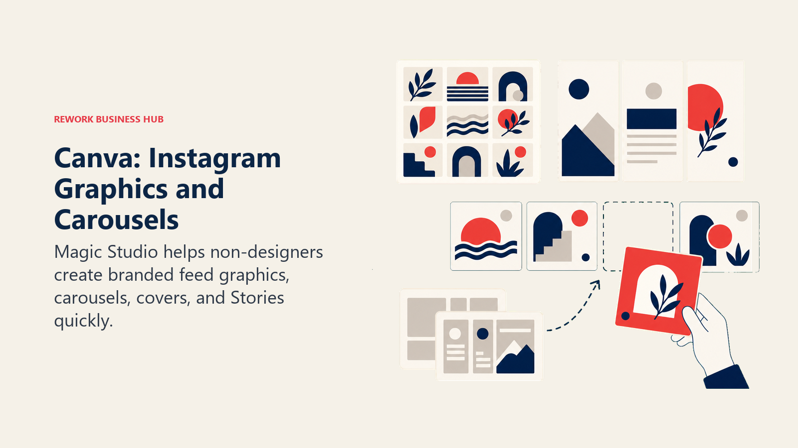 Canva: Instagram Graphics and Carousels illustrated with carousel assembly desk