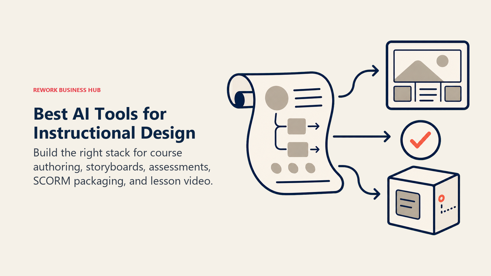 Best AI tools for instructional design shown as a course blueprint unfolding into storyboards, assessments, and packaged learning modules