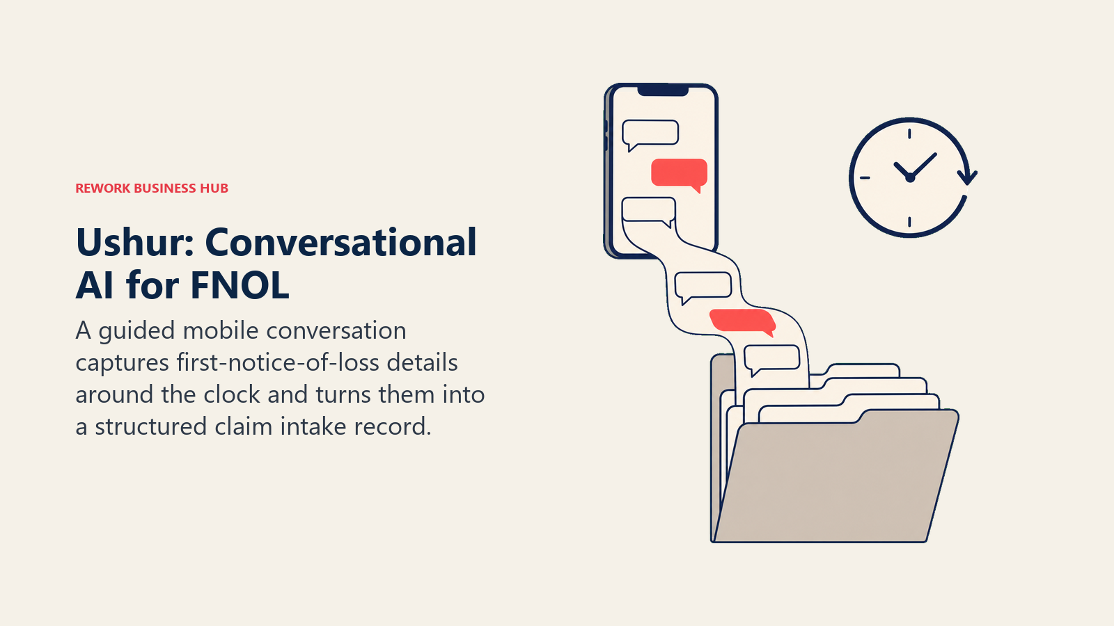 Ushur: Conversational AI for FNOL shown as chat ribbon folding into a claim intake folder.