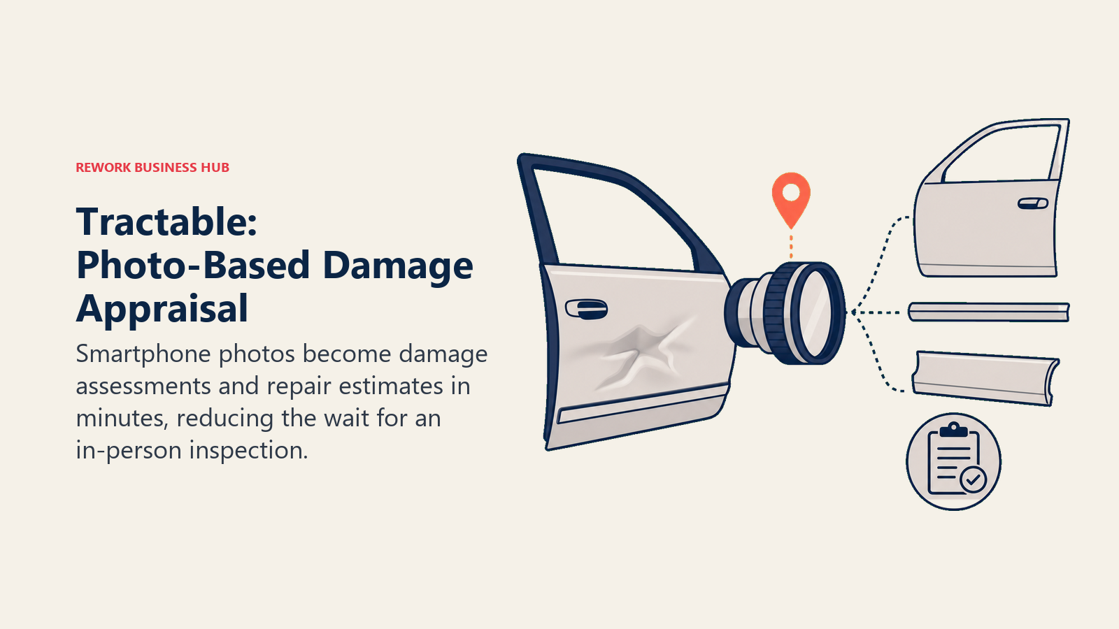 Tractable: Photo-Based Damage Appraisal shown as phone lens transforming a dented car panel into repair parts.