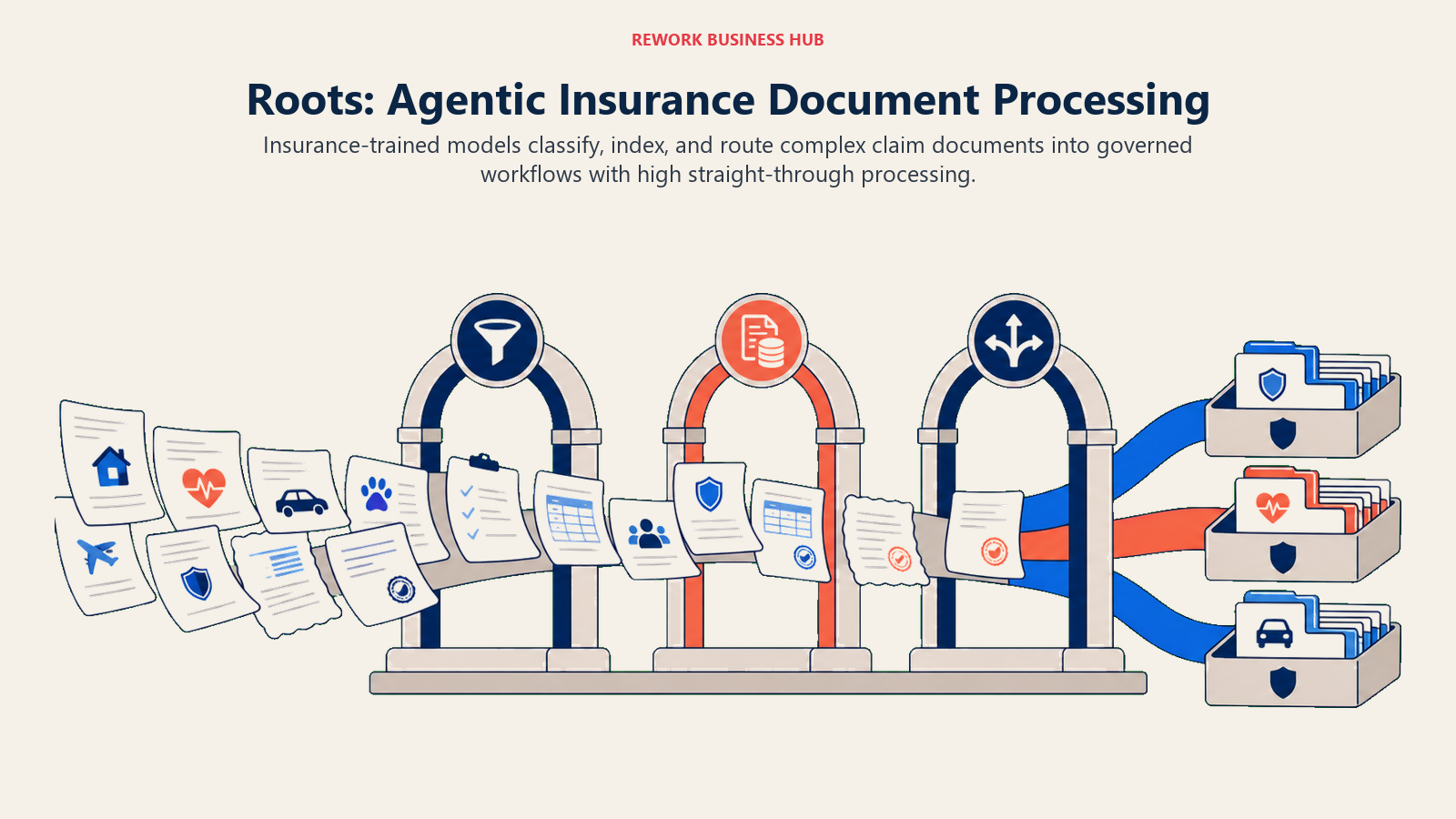 Roots: Agentic Insurance Document Processing shown as wide document stream through classification gates into governed queues.