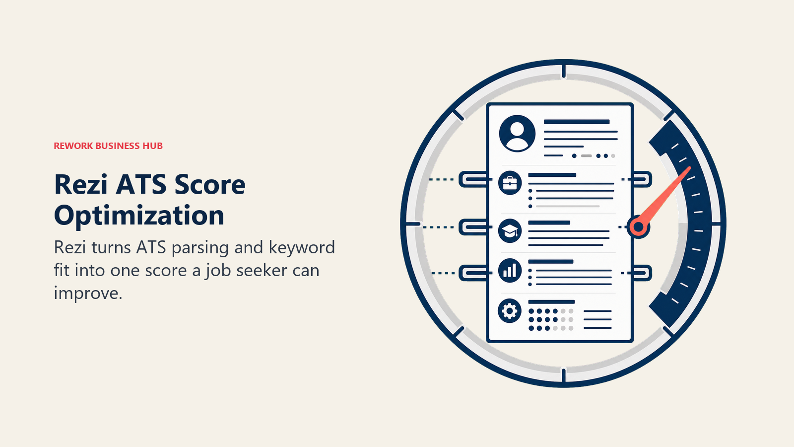 Rezi ATS Score Optimization shown as resume inside an ATS parsing dial