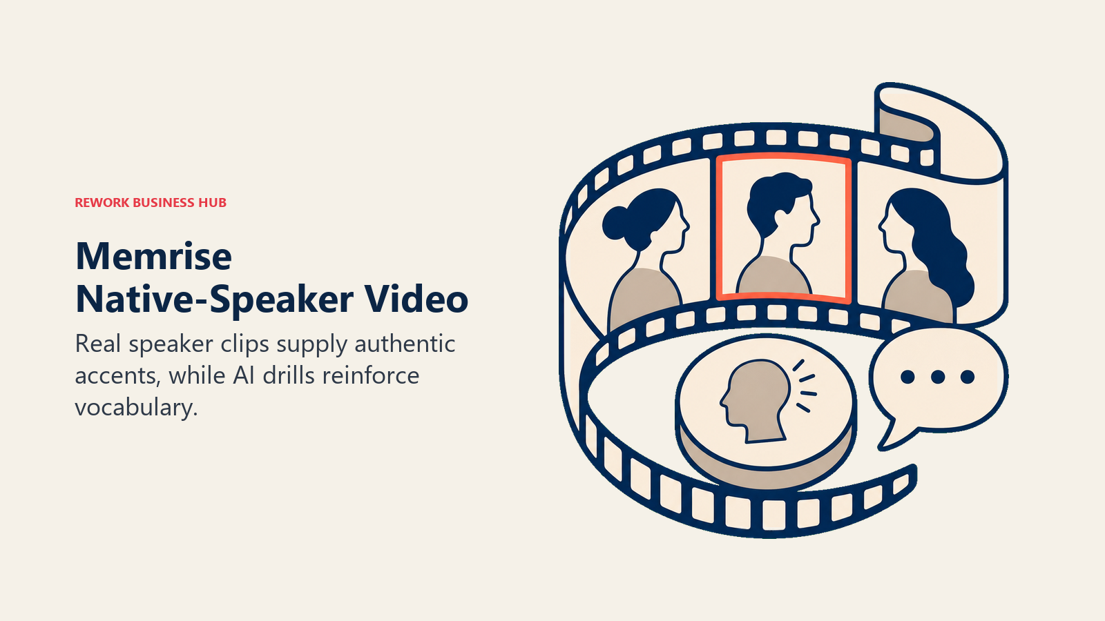 Memrise native-speaker video and AI vocabulary drills shown as a film loop and recall token