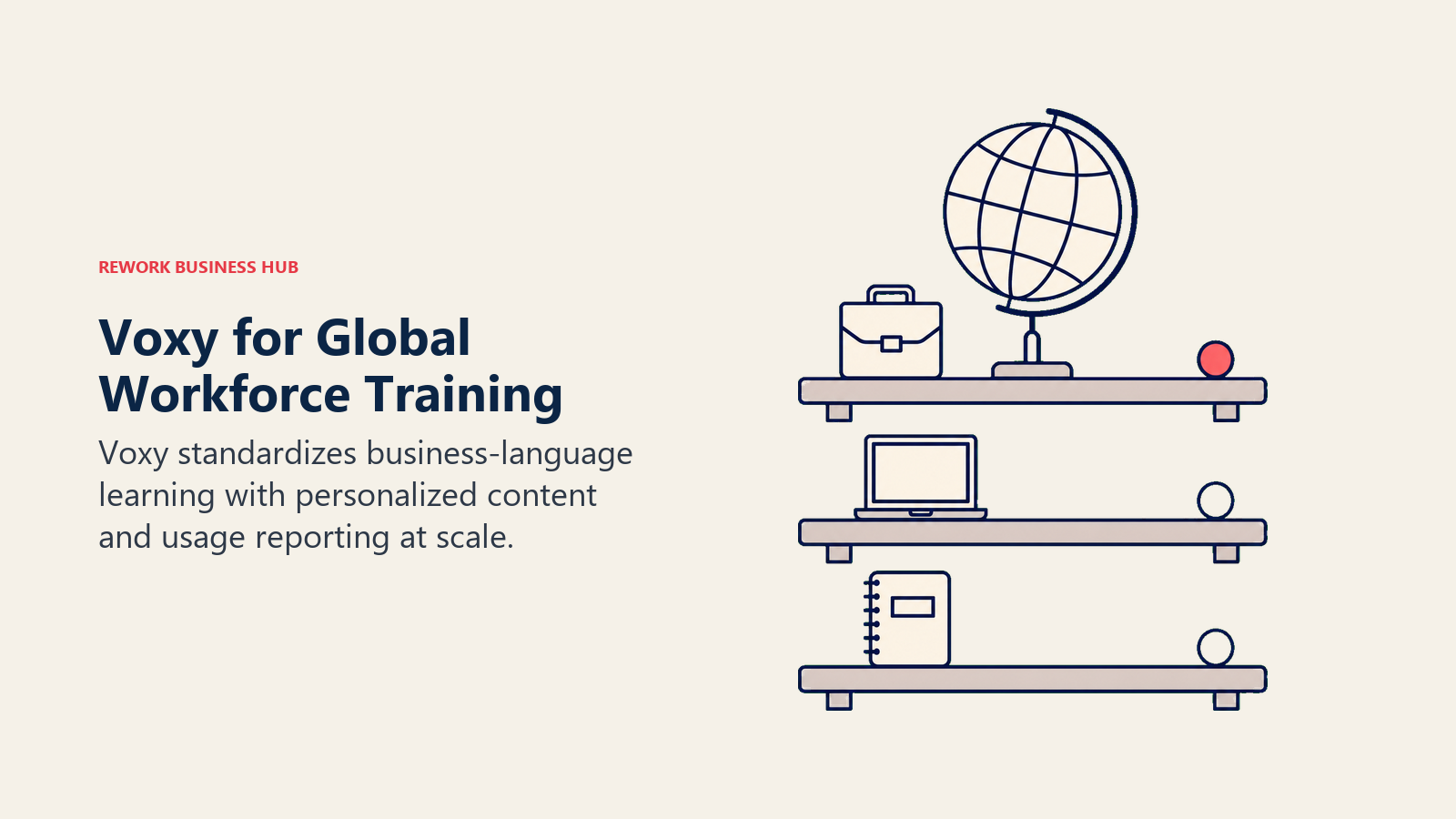Voxy global workforce language training shown by a globe on standardized lesson shelves