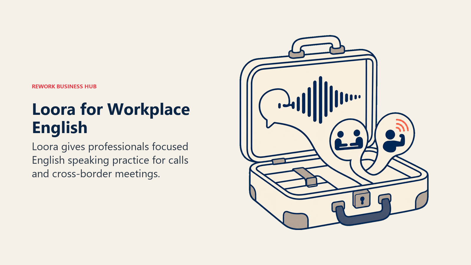 Loora workplace English coach represented by a speech-enabled briefcase and meeting signal