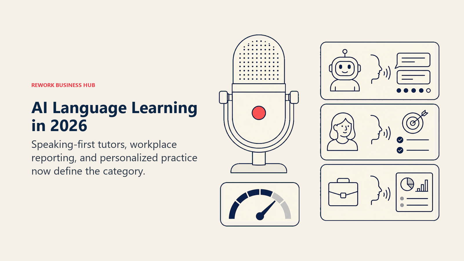 AI language learning in 2026 shown by a microphone, personalized lesson cards, and reporting gauge