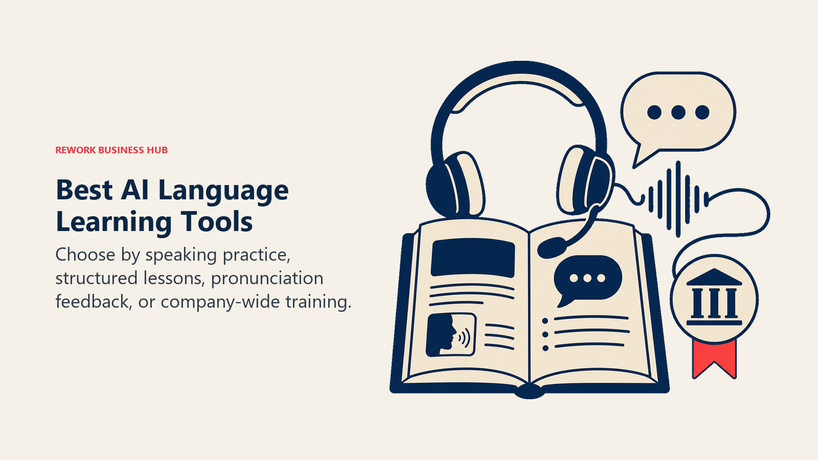 Best AI language learning tools shown as a speaking headset, pronunciation waveform, and structured lesson workbook