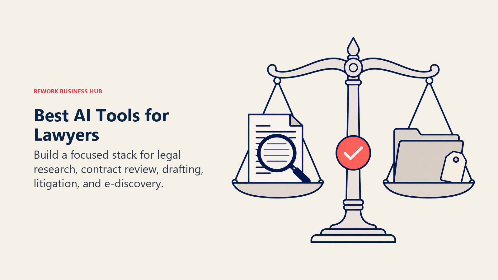 Best AI tools for lawyers shown as a legal scale balancing research review and contract work