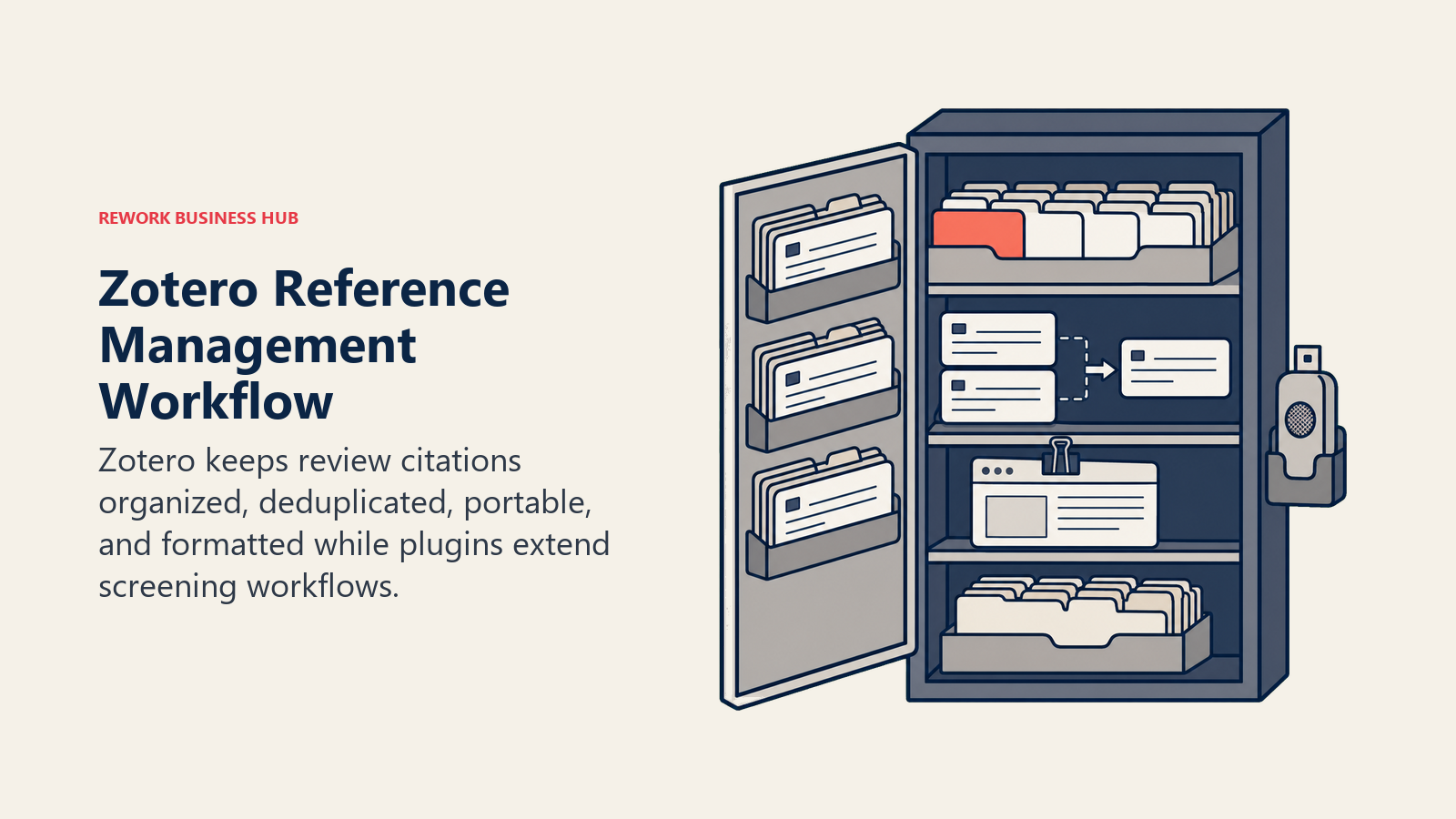 Zotero Reference Management Workflow illustrated as open reference library cabinet