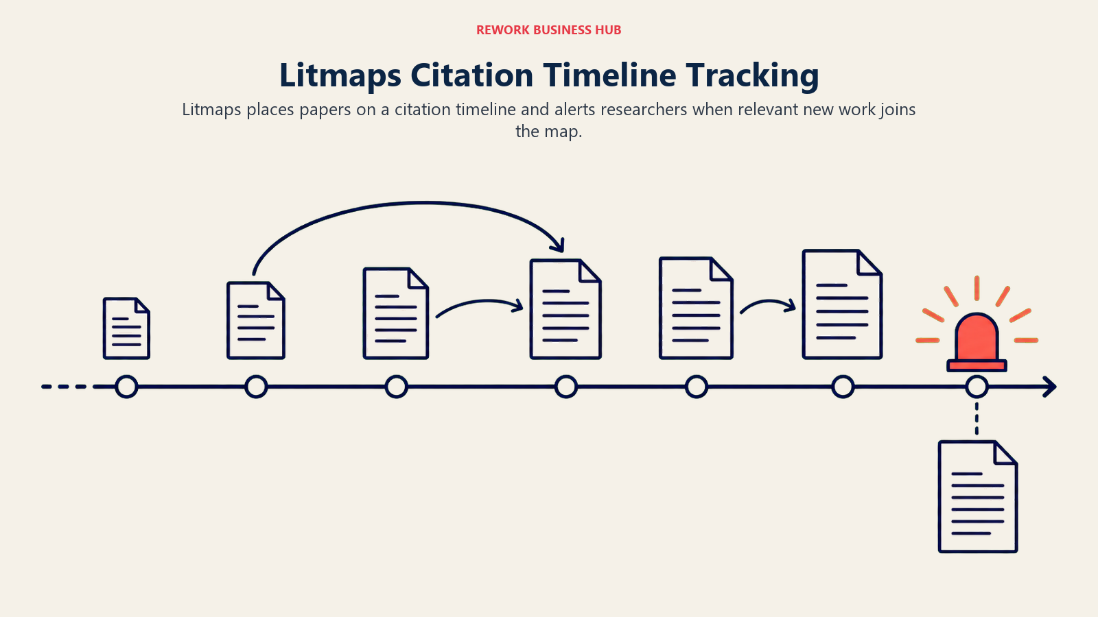 Litmaps Citation Timeline Tracking illustrated as citation timeline with new-paper beacon