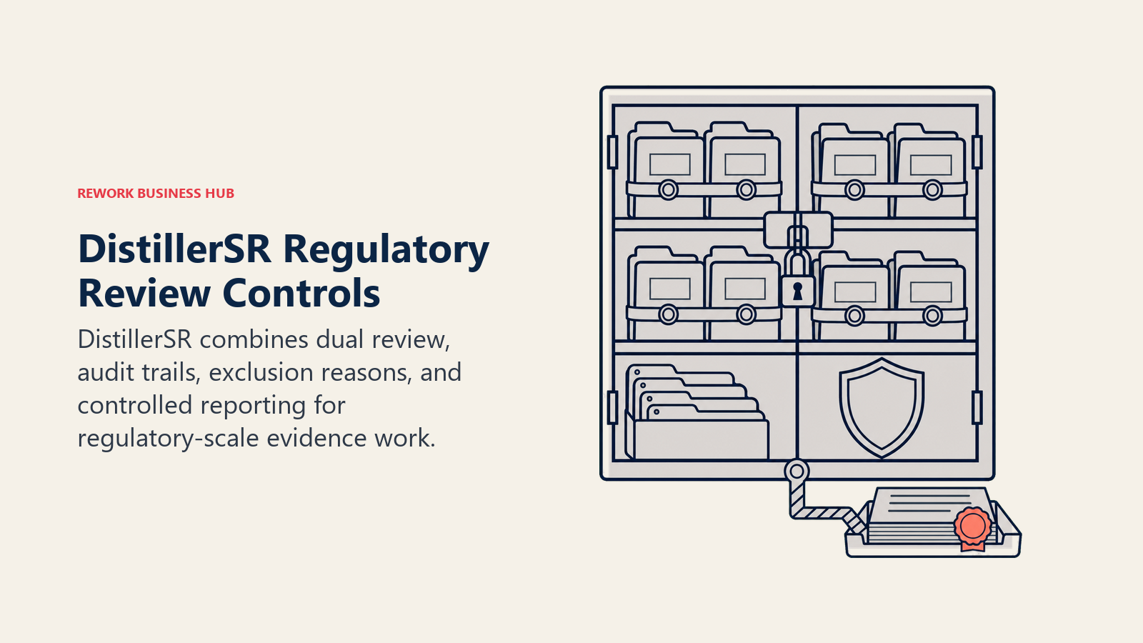 DistillerSR Regulatory Review Controls illustrated as sealed audit ledger cabinet