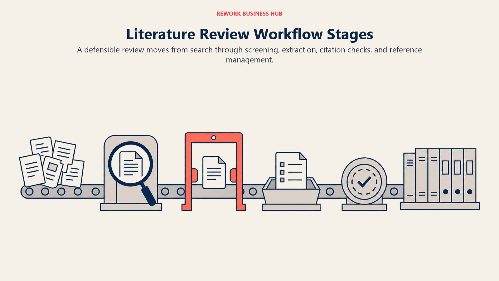 Literature Review Workflow Stages illustrated as five-stage evidence conveyor