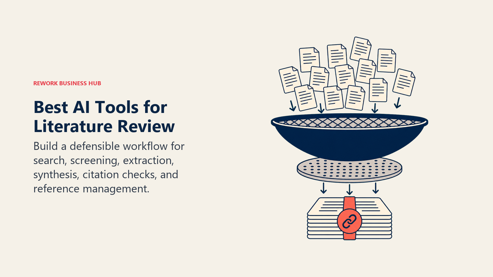 Best AI tools for literature review illustrated by an evidence sieve filtering papers into a verified research stack