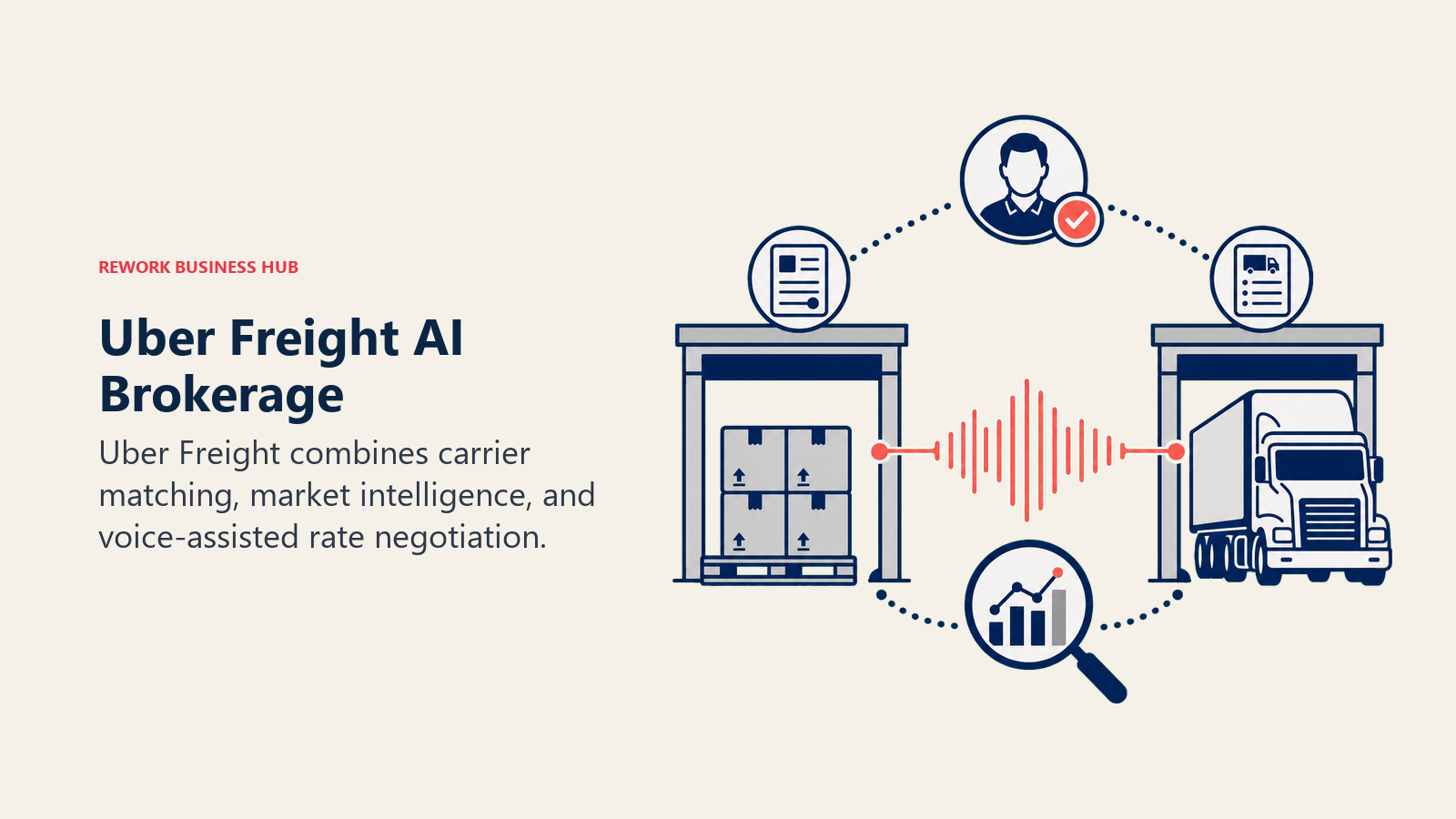 Uber Freight AI Brokerage shown as freight matching dock with voice negotiation line