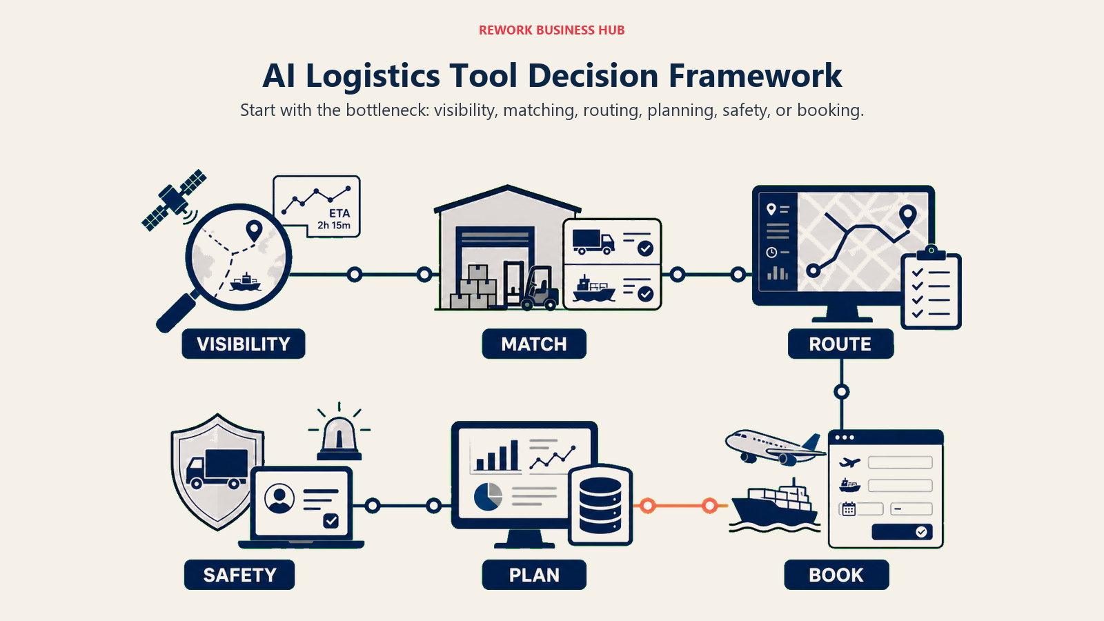 AI Logistics Tool Decision Framework shown as wide logistics job routing network