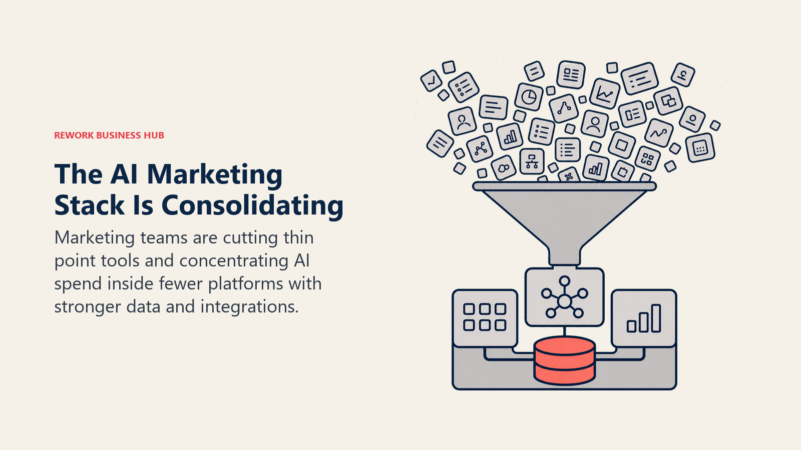 The AI Marketing Stack Is Consolidating illustrated as tool-sprawl consolidation press