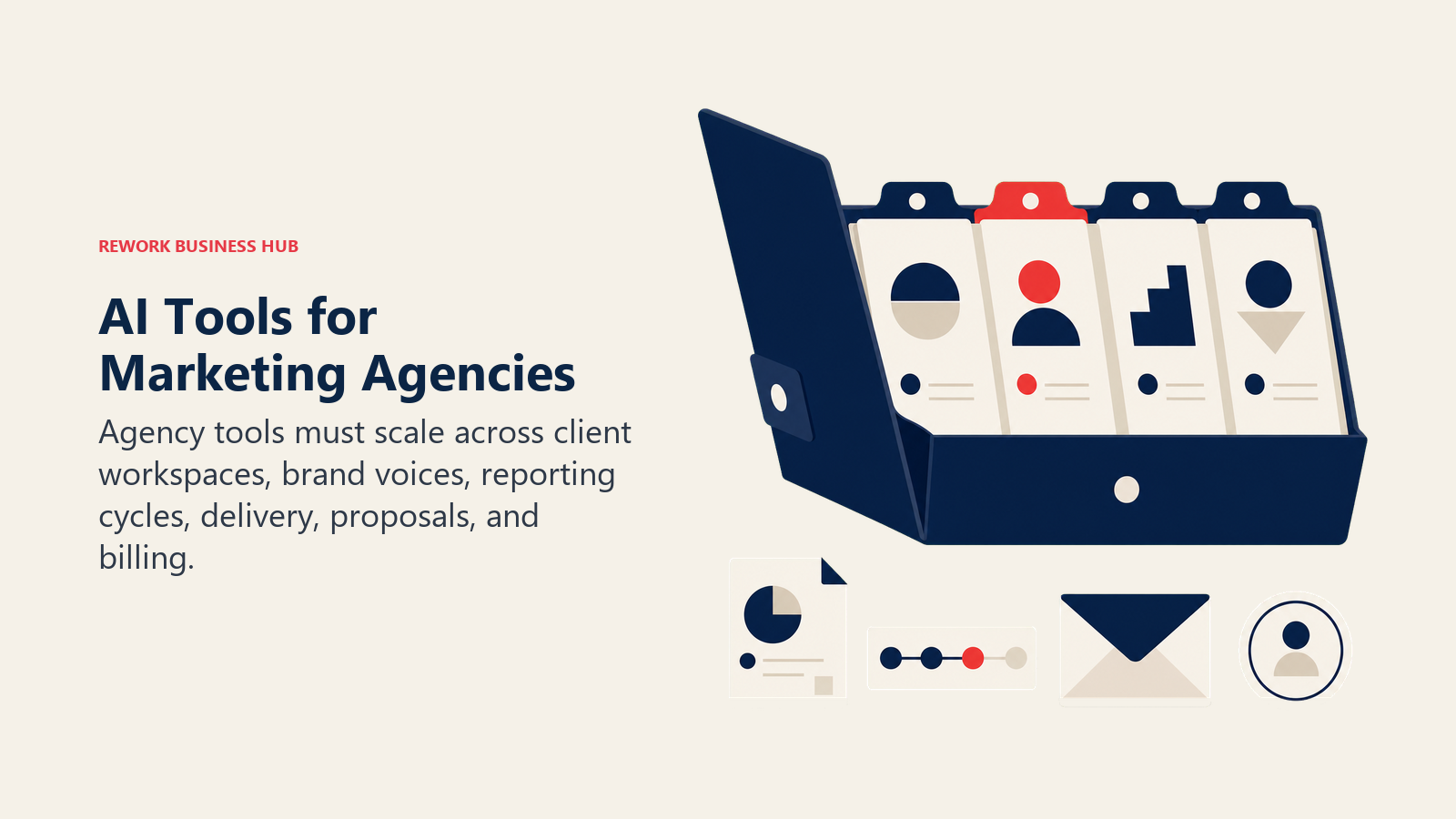 AI tools for marketing agencies shown as a multi-client portfolio system for brand work, reporting, delivery, proposals, and billing