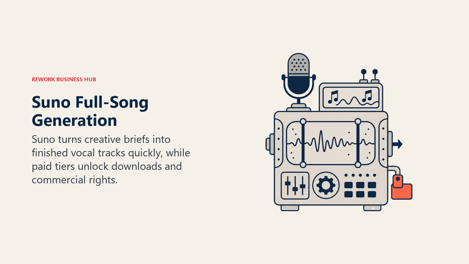 Suno Full-Song Generation illustrated with a prompt card entering a compact song machine and emerging as a complete vocal waveform record