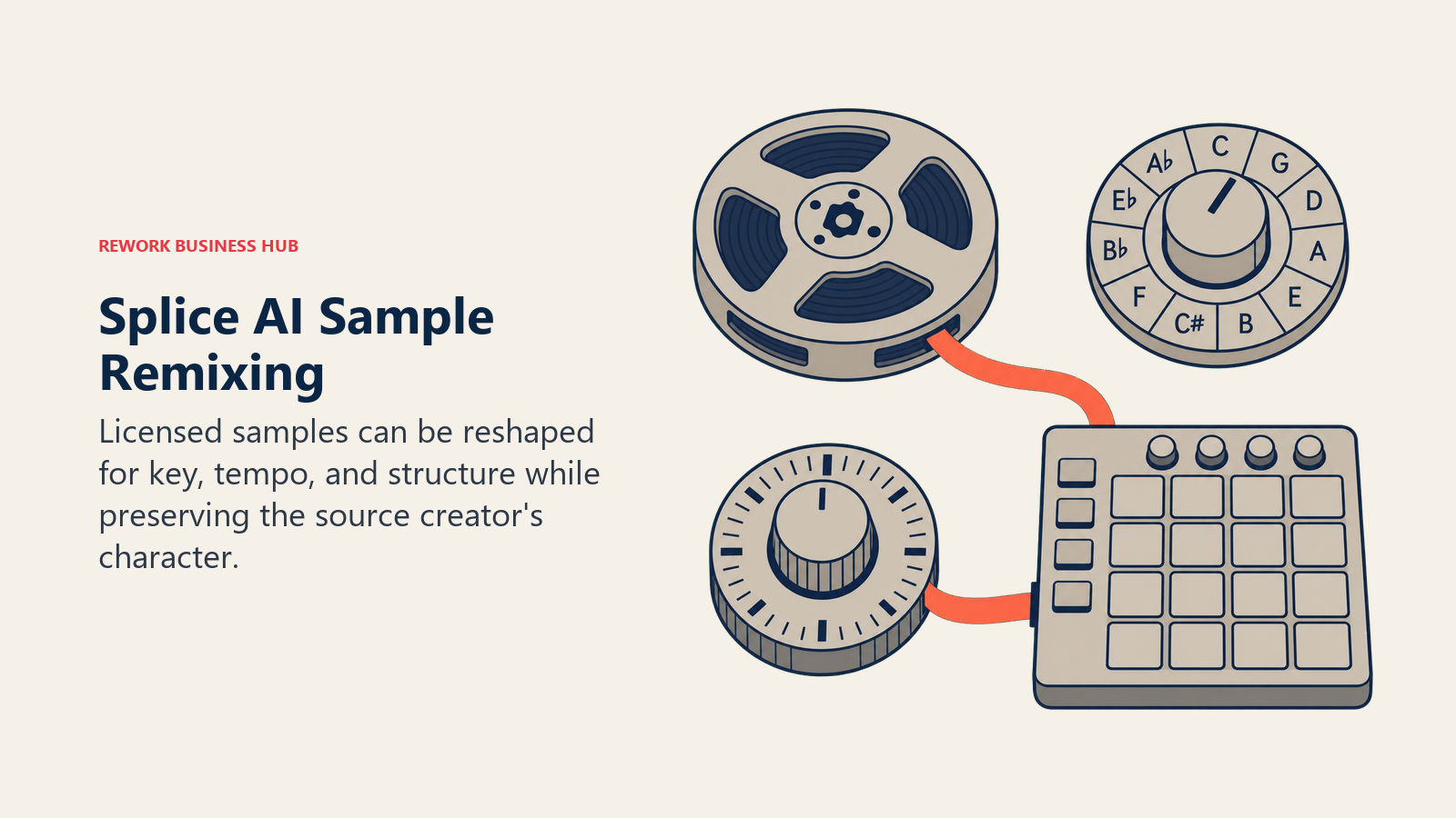 Splice AI Sample Remixing illustrated with a sample reel, key dial, tempo wheel, and playable instrument pad arranged as a remix workbench