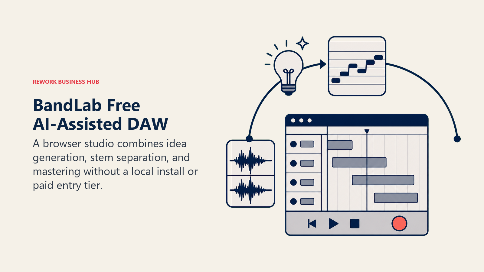 BandLab Free AI-Assisted DAW illustrated with an open browser studio framed by three tools for ideas, stems, and mastering