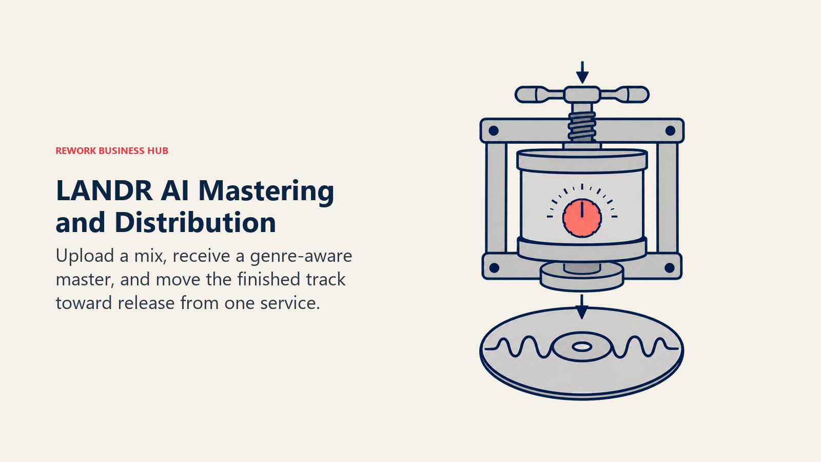 LANDR AI Mastering and Distribution illustrated with an audio waveform passing through a mastering press and emerging as a polished release disc