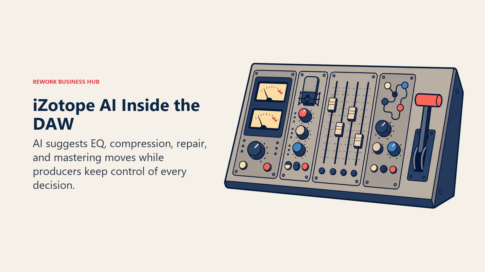 iZotope AI Inside the DAW illustrated with an angled DAW mixing console with four distinct processing tools and a human override lever