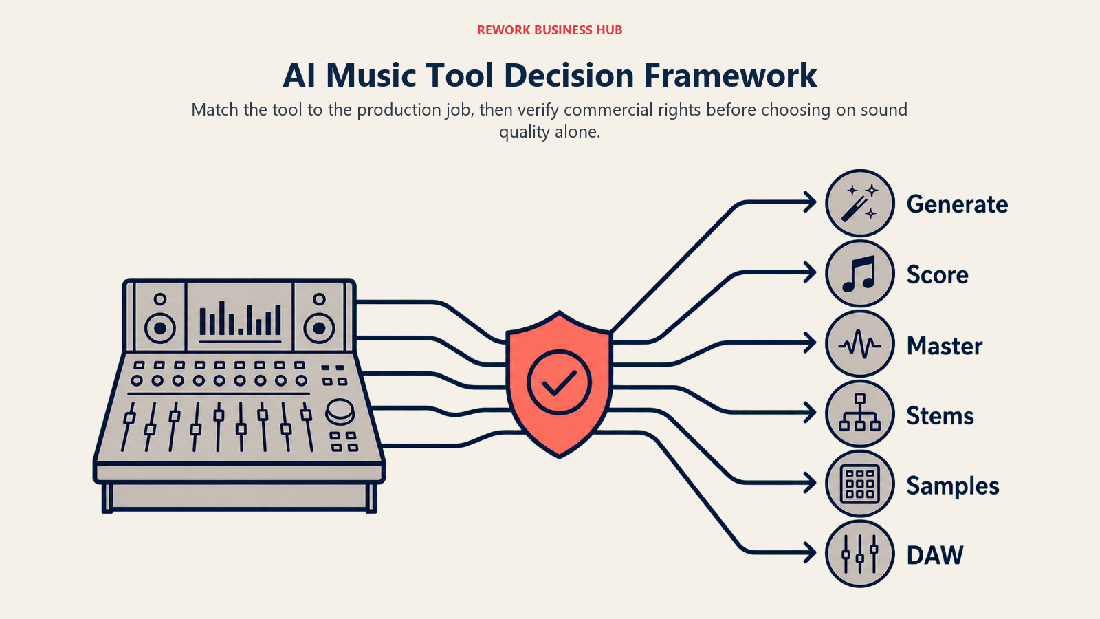 AI Music Tool Decision Framework illustrated with a wide studio decision board routing needs across generation, scoring, mastering, stems, samples, and DAW work