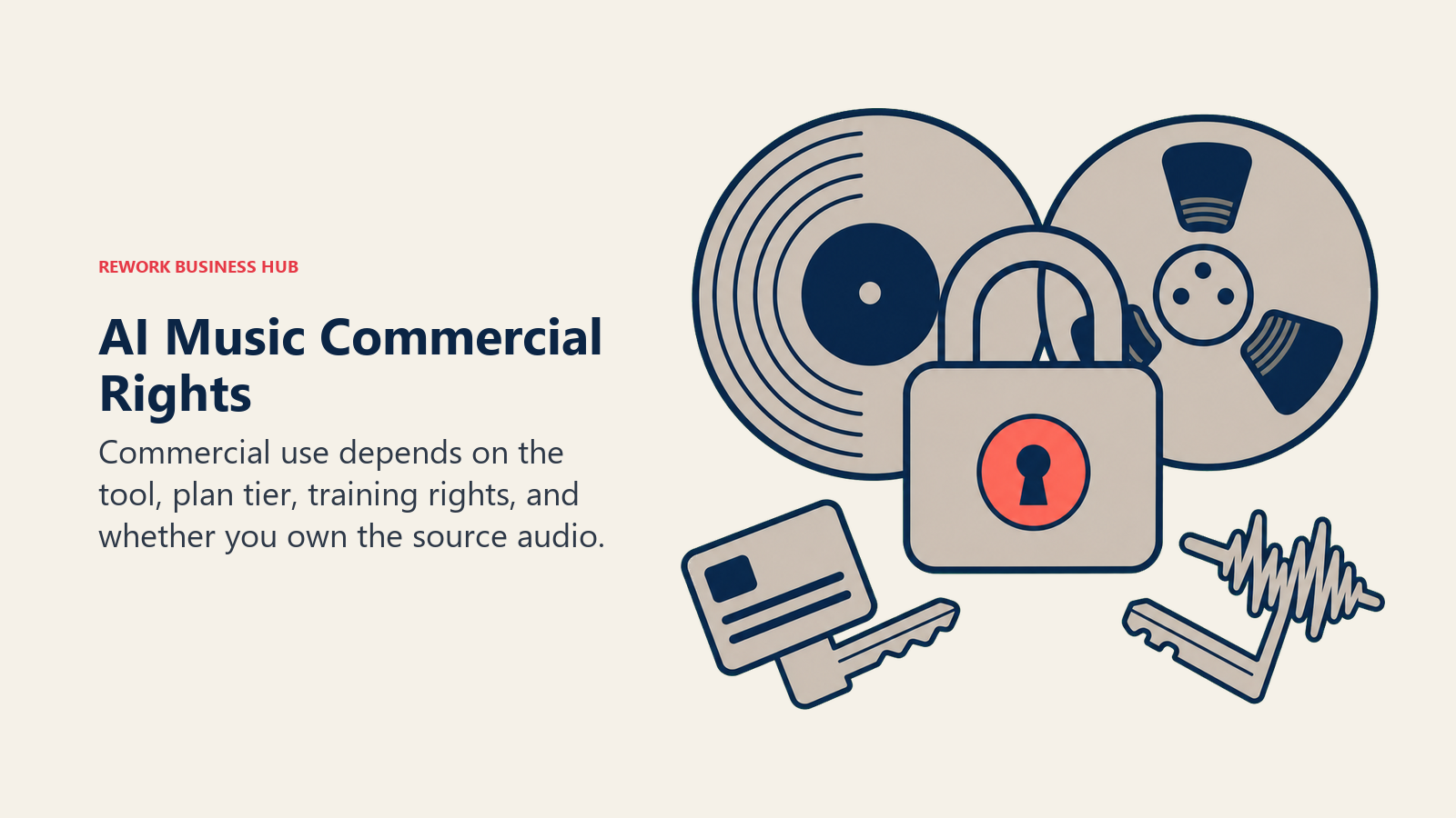 AI Music Commercial Rights illustrated with a music record and stem reel secured by a licensing lock with separate plan and ownership keys
