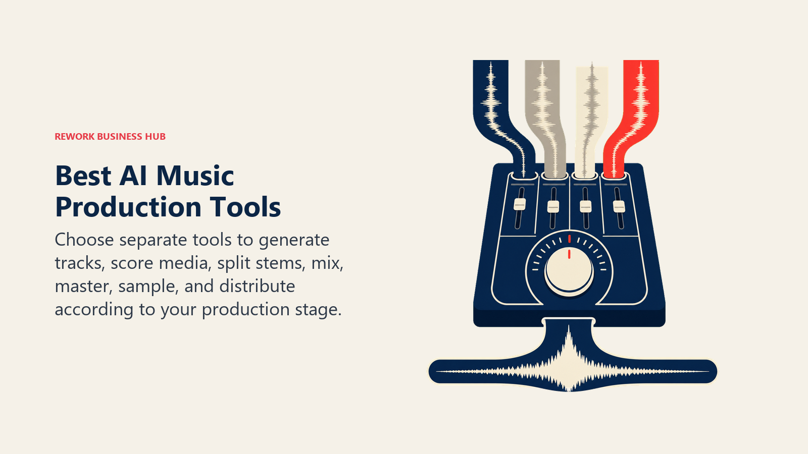 Best AI music production tools shown as a mixing console for track generation, stems, mixing, mastering, and distribution