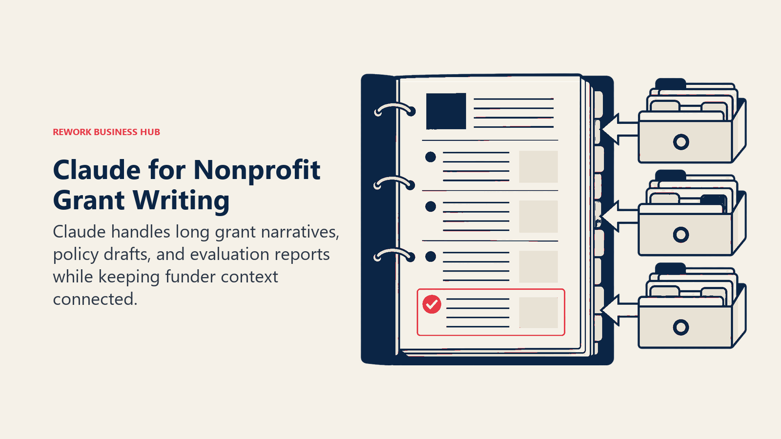Claude for Nonprofit Grant Writing shown as grant binder connected to funder reference drawers