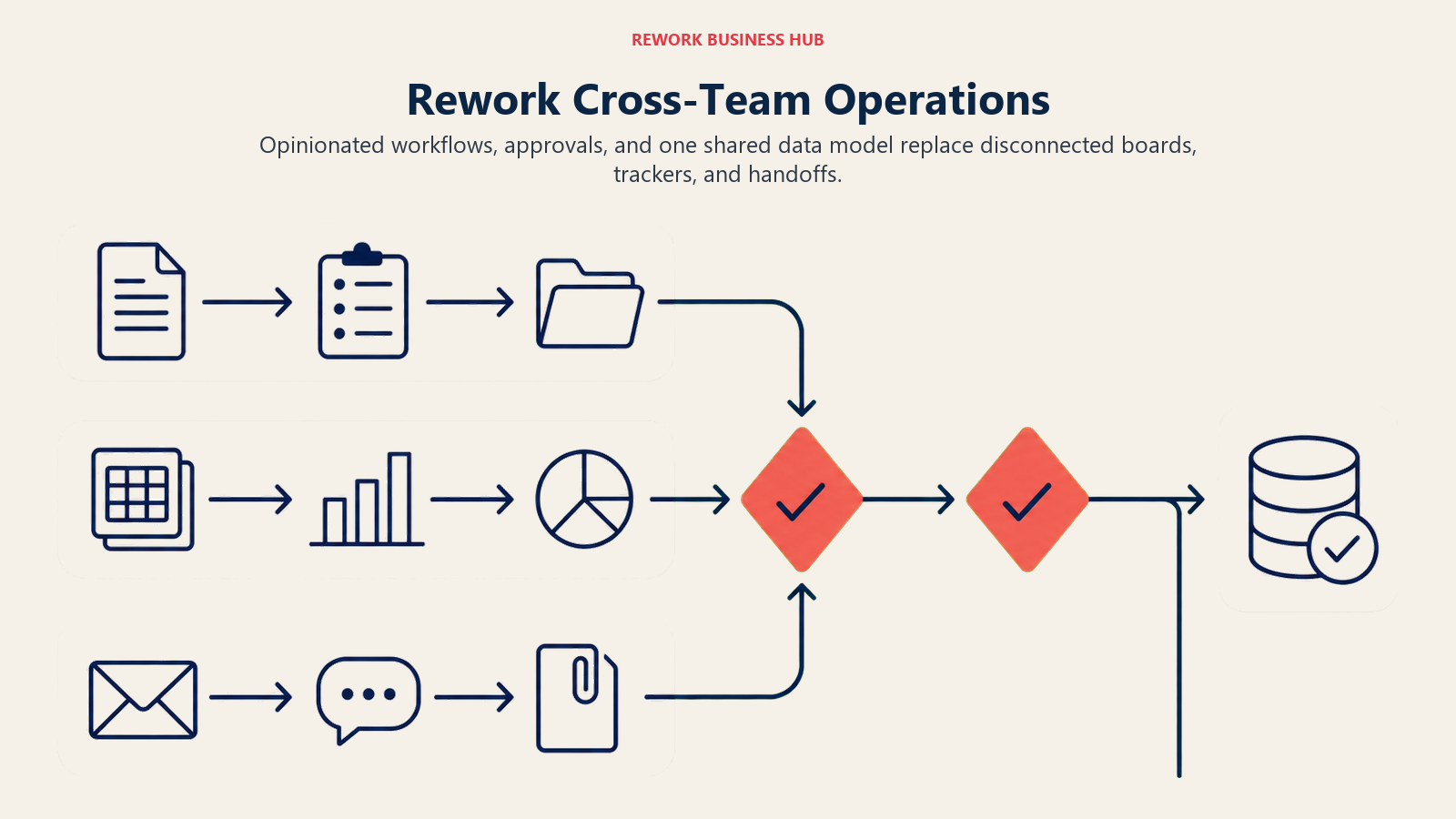 Rework Cross-Team Operations illustrated with three departmental work lanes merging through approval gates into one shared service record