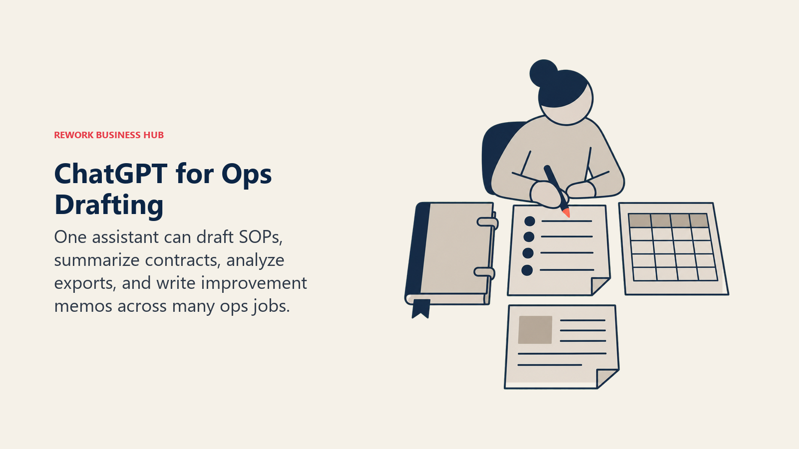 ChatGPT for Ops Drafting illustrated with an assistant pen working across SOP, contract, CSV, and memo artifacts
