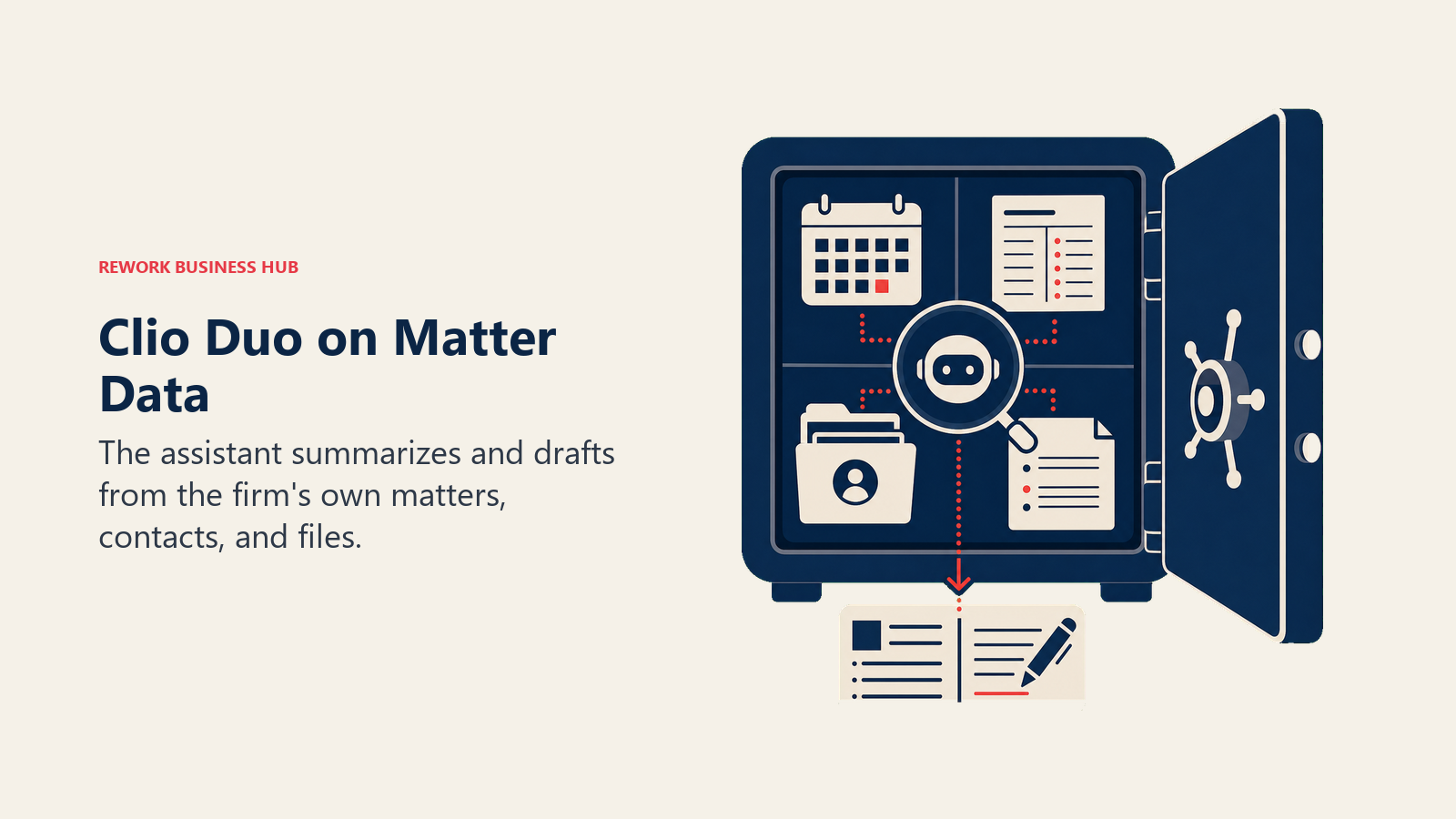 Clio Duo on Matter Data illustrated as matter-data vault with an assistant lens working only on internal files
