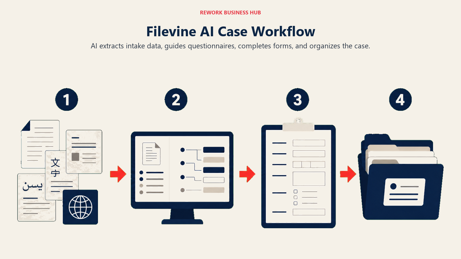 Filevine AI Case Workflow illustrated as four-stage multilingual intake extraction, questionnaire, form, and case-file flow