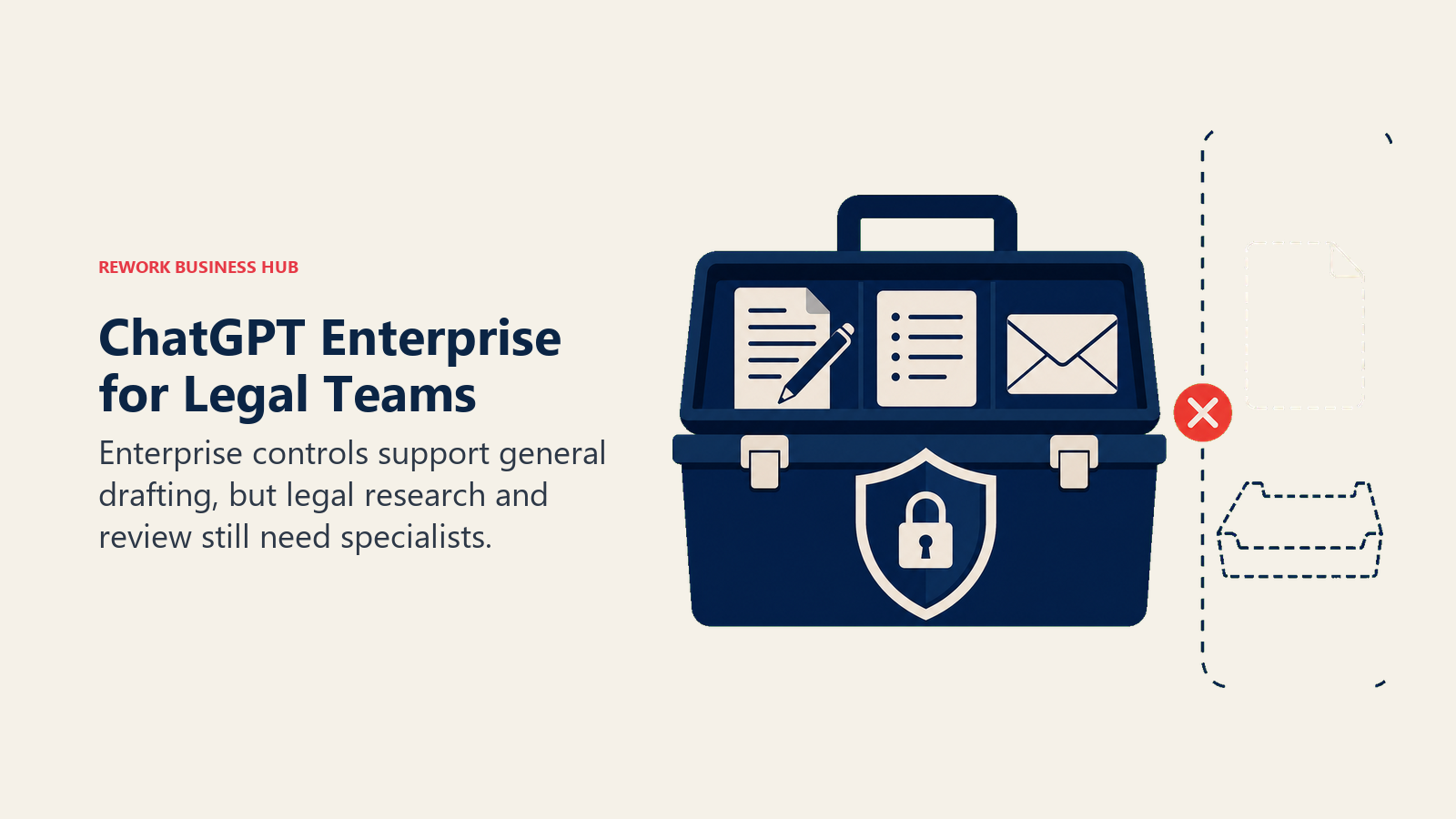 ChatGPT Enterprise for Legal Teams illustrated as general drafting toolbox protected by privacy controls but missing legal-specialist tools