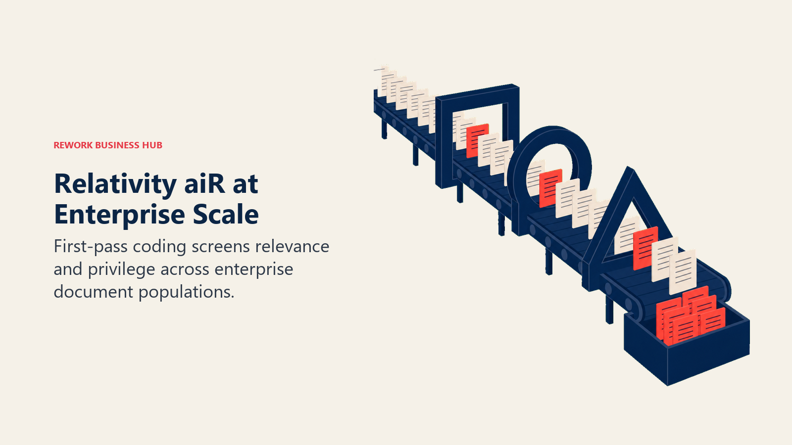 Relativity aiR at Enterprise Scale illustrated as high-volume documents crossing relevance, privilege, and strategy review gates