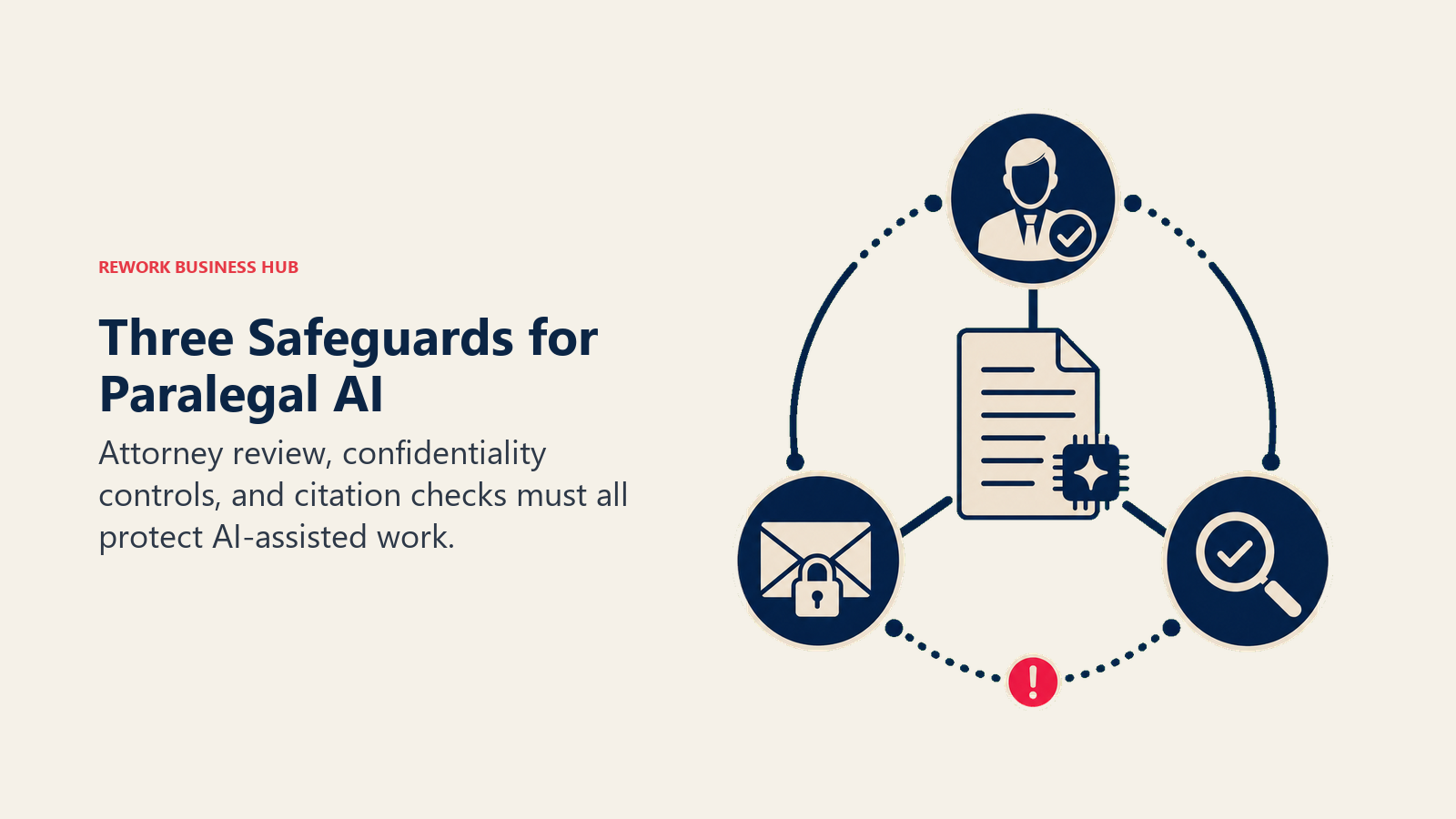 Three Safeguards for Paralegal AI illustrated as attorney gate, confidentiality lock, and citation lens around one legal draft