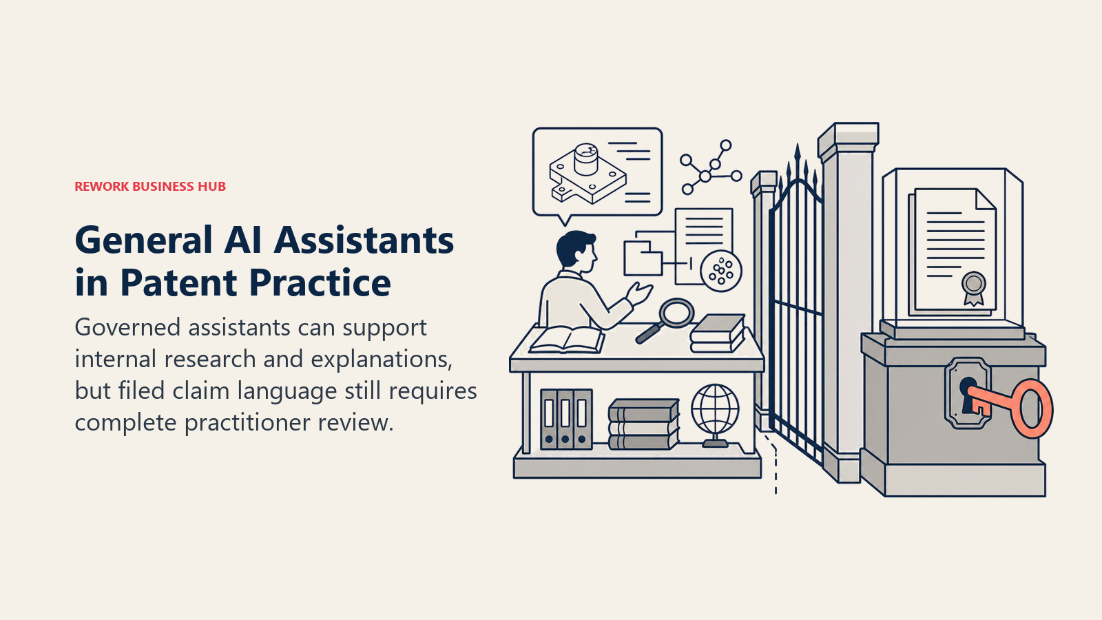 General AI Assistants in Patent Practice, illustrated with assistant workbench separated from filing by a review gate