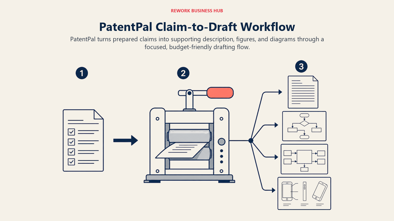 PatentPal Claim-to-Draft Workflow, illustrated with wide claim sheet conversion press producing draft artifacts
