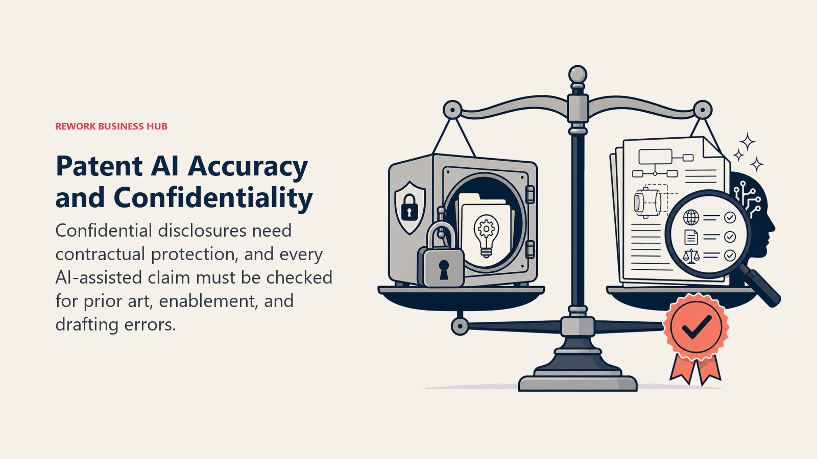 Patent AI Accuracy and Confidentiality, illustrated with locked disclosure vault balanced with attorney review lens