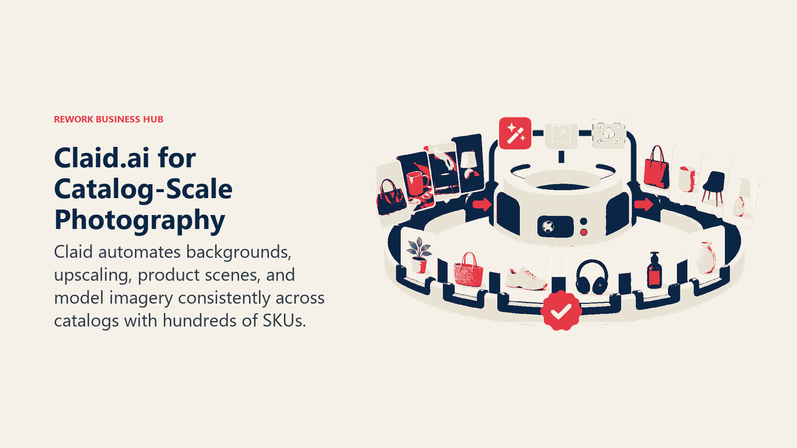 Claid.ai for Catalog-Scale Photography shown as catalog carousel standardizing varied product packs