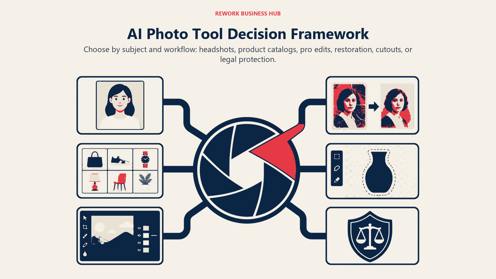 AI Photo Tool Decision Framework shown as wide camera aperture routing to six specialist bays