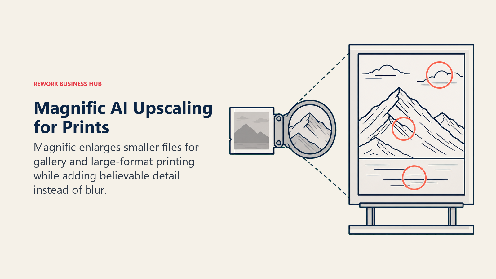 Magnific AI Upscaling for Prints shown as small negative unfolding into gallery print